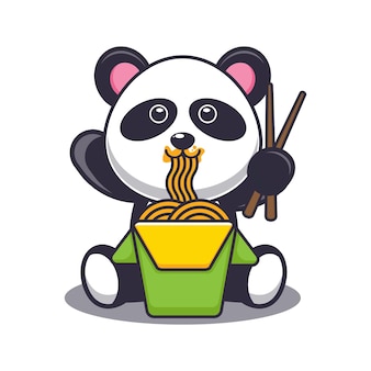 Panda Mignon Mangeant Des Nouilles Illustration Animale De Dessin Animé Mignon Vecteur Premium