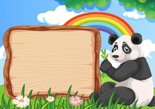 Vecteur gratuit un panda avec un panneau blanc sous l'arc-en-ciel