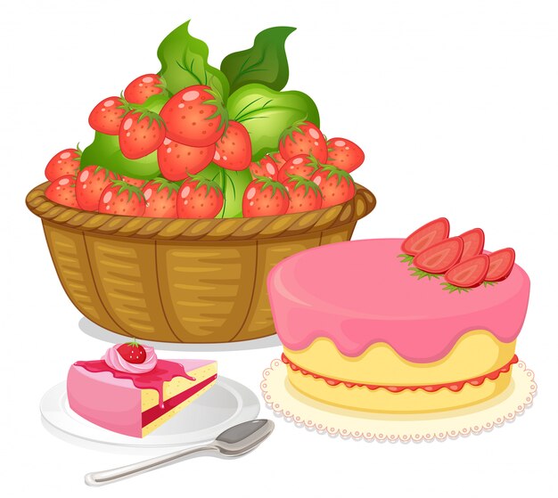 Vecteur gratuit un panier de fraises et un gâteau à la fraise