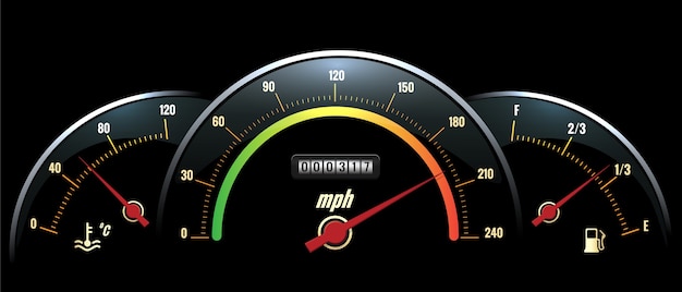 Panneau de compteur de vitesse. Affichage de la température, de la vitesse et du carburant sur le panneau noir avec des échelles de couleurs vives.