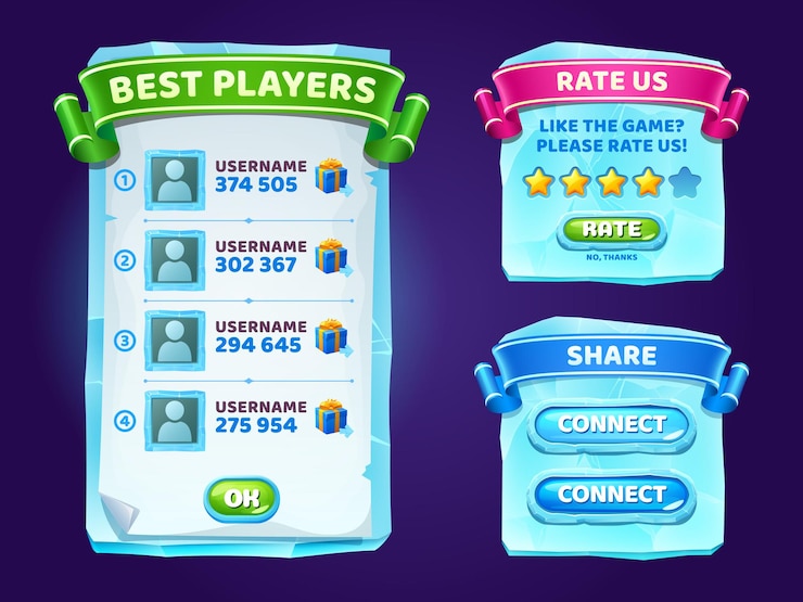 Vecteur gratuit panneau d'interface utilisateur de menu de jeu de cristaux de glace avec boutons