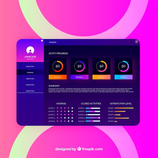 Vecteur gratuit panneau de tableau de bord d'administration avec style dégradé