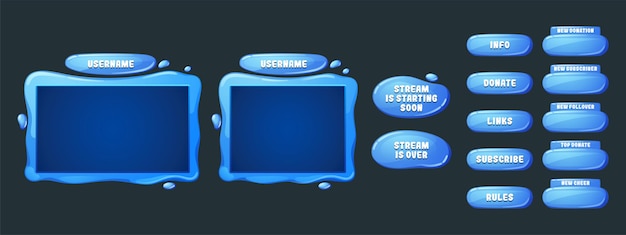 Vecteur gratuit panneaux et boutons superposés en streaming de jeu avec texture d'eau. modèle de conception d'applications vidéo webcam. ensemble de dessins animés vectoriels d'images bleues en direct pour le processus de jeu de spectacle