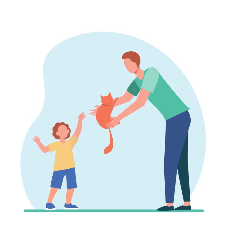 Vecteur gratuit papa donnant un chat rouge au petit soleil. adoption d'animaux de compagnie, illustration plate des parents et des enfants.
