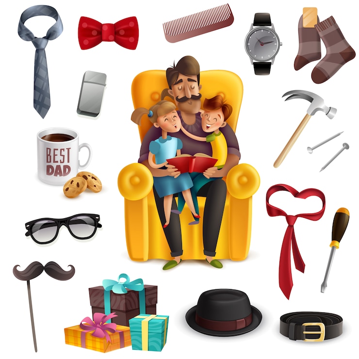 Vecteur gratuit papa et enfants lisant un livre ensemble entouré d'accessoires masculins