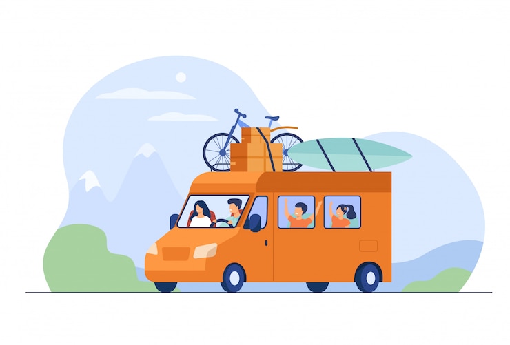 Vecteur gratuit papa, maman et enfants voyageant en camping-car