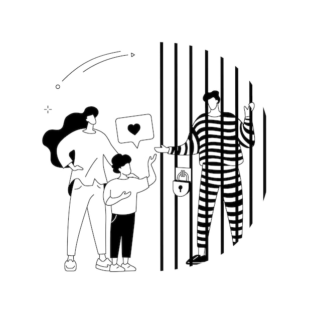 Vecteur gratuit papas en prison concept abstrait illustration vectorielle pères en prison instabilité familiale père incarcéré main en prison costumes rayés en cour enfant visitant une métaphore abstraite relative