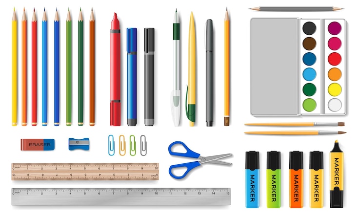 Vecteur gratuit papeterie ensemble réaliste de crayons de couleur stylos marqueurs règles aquarelles trombones ciseaux caoutchouc aiguiseur brosses illustration vectorielle isolée