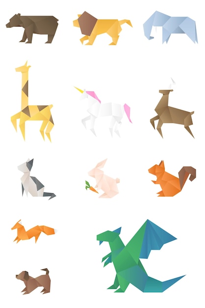 Vecteur gratuit papier artisanat animaux vector illustration vue latérale ensemble