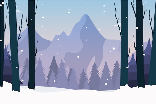 Vecteur gratuit papier peint paysage d'hiver dessiné