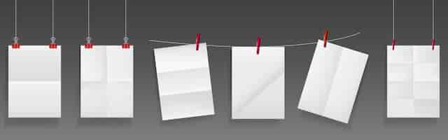 Vecteur gratuit le papier plié est suspendu à une corde et des épingles, des feuilles vierges de papier blanc de texture froissée.