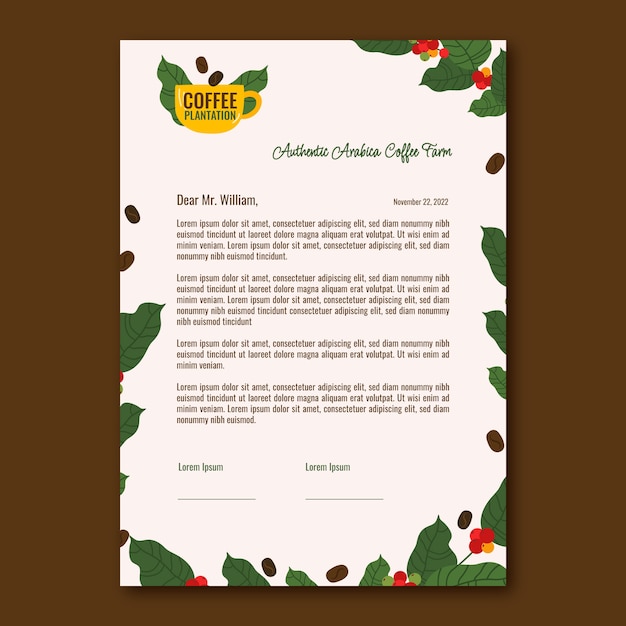 Vecteur gratuit papier à en-tête de plantation de café dessiné à la main