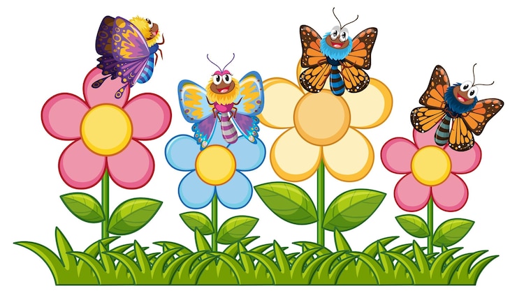 Vecteur gratuit des papillons colorés sur des fleurs vibrantes