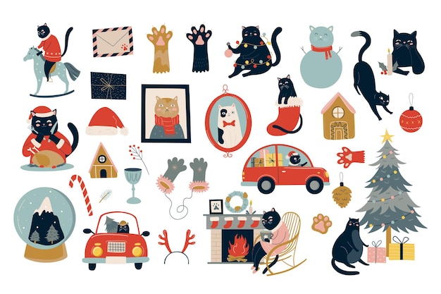 Paquet de chats noirs célébrant noël. nouvel an avec décorations pour la maison, couronne, cadeau, bougies, voiture avec arbre de noël