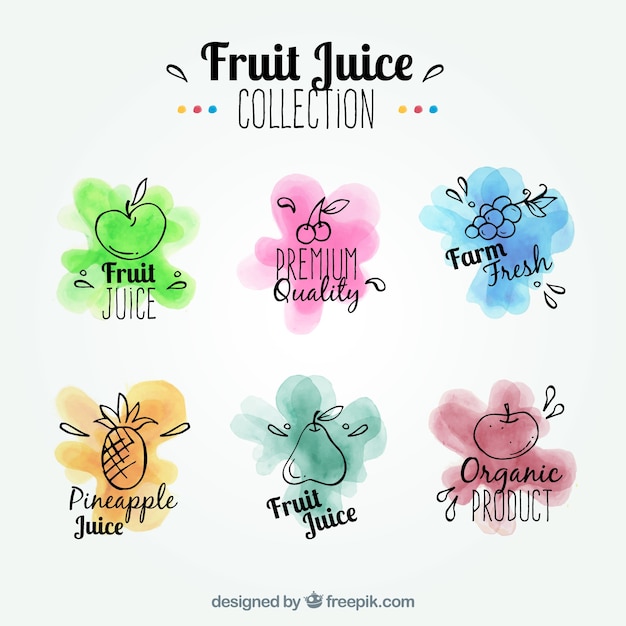 Vecteur gratuit paquet d'étiquettes de fruits avec des taches d'aquarelle
