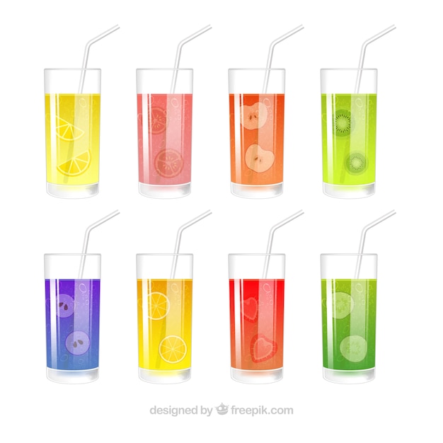 Vecteur gratuit paquet de huit verres avec différents types de jus