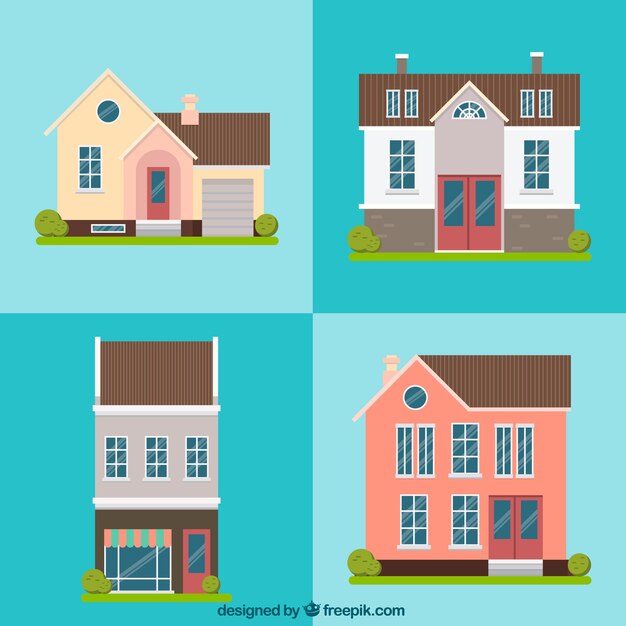 Paquet de quatre belles maisons façades en design plat