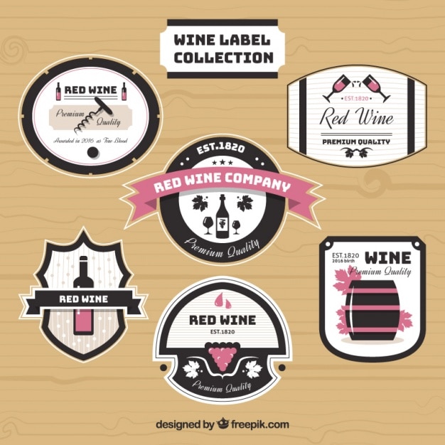 Vecteur gratuit paquet de six étiquettes de vin avec des détails rose