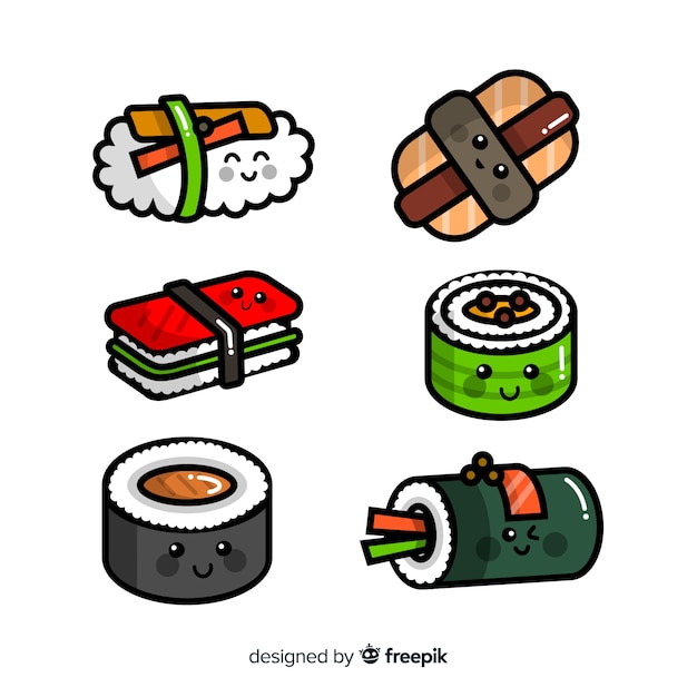 Vecteur gratuit paquet de sushi kawaii dessiné à la main