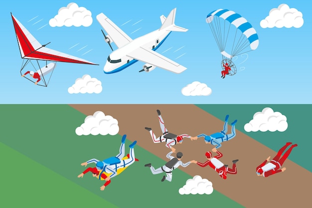 Vecteur gratuit parachutisme bannières horizontales isométriques avec avion deltaplane et groupe de personnes parachutisme en illustration vectorielle ciel