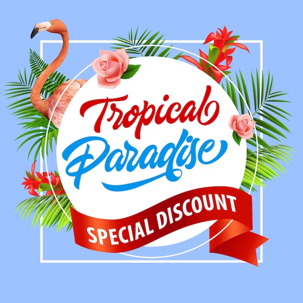 Vecteur gratuit paradis tropical, affiche colorée spéciale remise. flamant rose, fleurs tropicales rouges