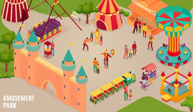 Parc D'attractions Avec Artistes De Cirque Et Visiteurs Château Gonflable Carrousel Et Galerie De Tir Illustration Horizontale Isométrique