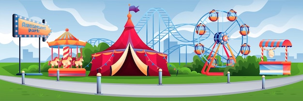 Vecteur gratuit parc d'attractions ou fond de carnaval loisirs de vacances et de vacances au parc d'attraction de fête foraine avec carrousel de montagnes russes décrochage de bonbons grande roue