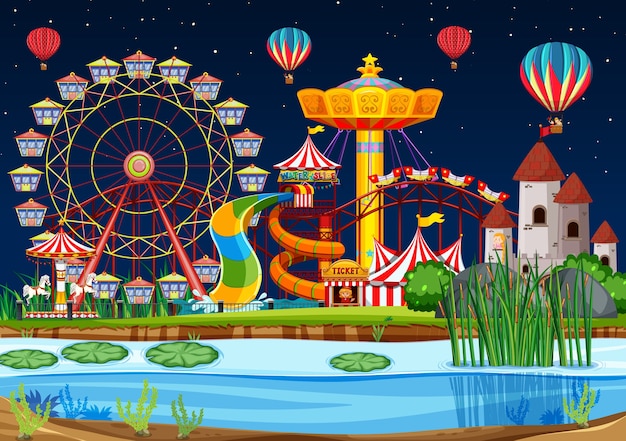 Vecteur gratuit parc d'attractions avec scène de marais la nuit avec des ballons