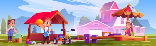 Vecteur gratuit parc de jeux d'été près du bâtiment de la maison paysage de dessin animé avec personnage d'enfant fille et garçon vélo bébé près de la boîte à sable dans la banlieue loisirs en plein air et amusement de garderie pour les enfants