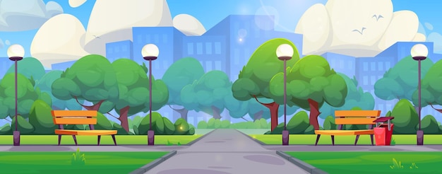Parc urbain d'été avec des bancs et des arbres