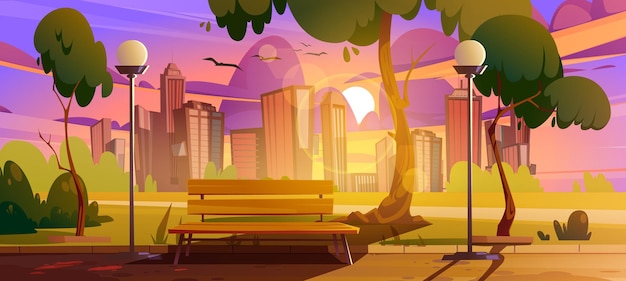 Vecteur gratuit parc de la ville avec banc coucher de soleil paysage urbain paysage d'été ou de printemps paysage vide lieu public pour la marche et les loisirs avec arbres verts et pelouse jardin urbain avec illustration de dessin animé de voie