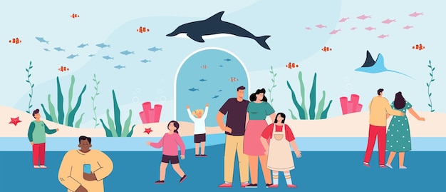 Vecteur gratuit parents et enfants de dessins animés se promenant dans le zoo sous-marin. aquarium océanique avec illustration plate de créatures marines