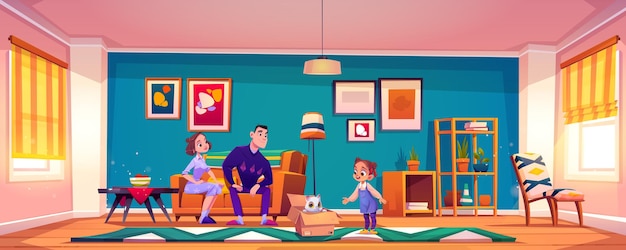 Vecteur gratuit les parents présentent un chat à une petite fille sur l'illustration du salon