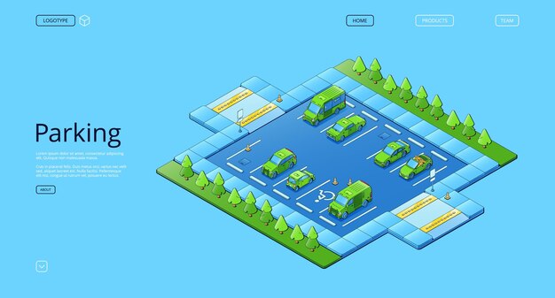 Parking isométrique avec arbres de voitures et panneaux de signalisation
