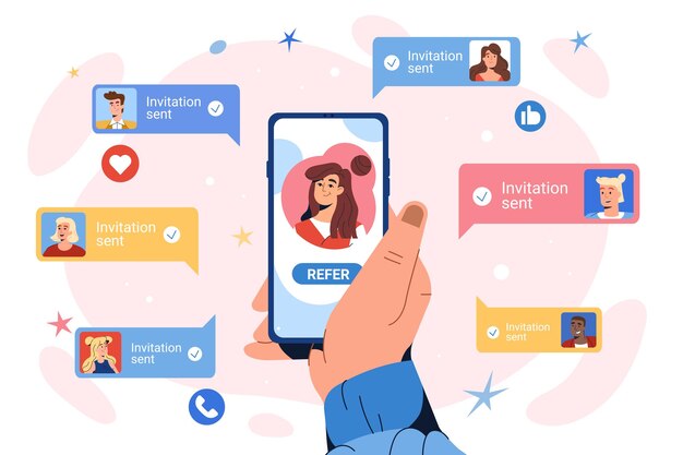 Parrainez un concept d'ami. Main plate avec smartphone pour inviter des amis à la communauté sur le groupe de médias sociaux. Gagnez des récompenses, des bonus en argent grâce au programme de parrainage en ligne. Les adolescents suivent et rejoignent l'influenceur