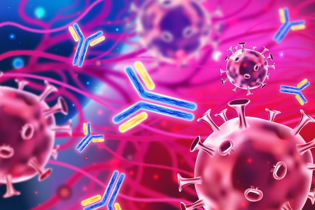 Particules de virus interagissant avec l'arrière-plan des molécules d'anticorps