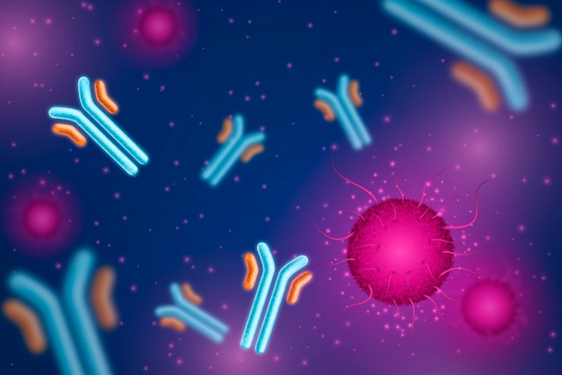 Particules de virus interagissant avec les molécules d'anticorps - arrière-plan