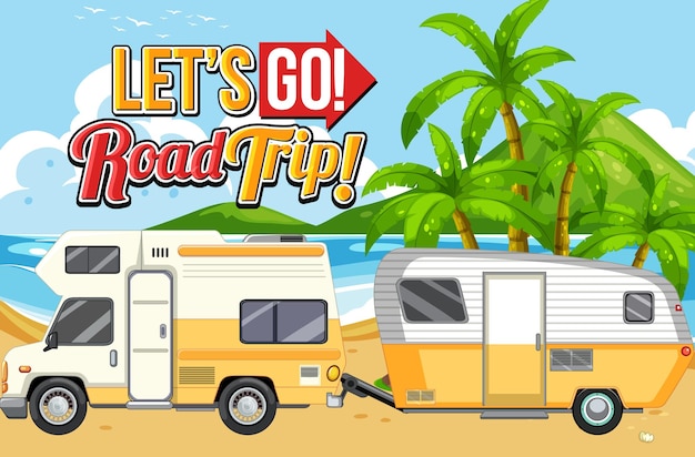 Vecteur gratuit partons en road trip avec fond de plage