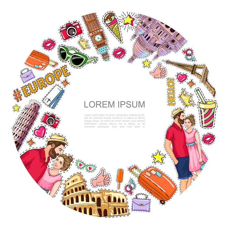 Vecteur gratuit patchs de voyage pop art composition ronde avec des sites célèbres couple billets pour appareil photo sac de lunettes crème glacée soda coeur couronne autocollants