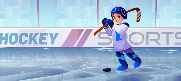 Patinoire de hockey avec garçon joueur en casque et patins. Illustration de dessin animé de vecteur du stade de sport public avec champ de glace, bancs et enfant avec rondelle et bâton de hockey