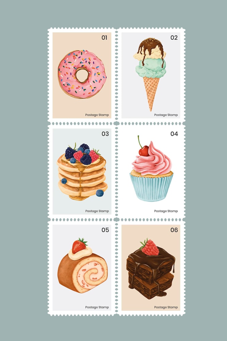 Vecteur gratuit pâtisserie mignonne et bonbons sur jeu de timbres-poste