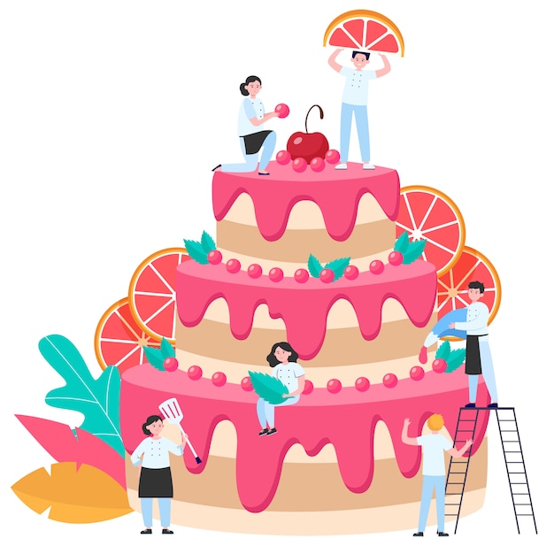 Vecteur gratuit pâtissiers décorant un grand gâteau de mariage ou d'anniversaire