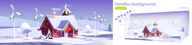 Paysage 2d d'hiver de fond de parallaxe avec la maison et les éoliennes. Scène vectorielle de dessin animé avec des couches séparées pour l'animation de jeu avec des moulins à vent écologiques pour la maison et la production d'électricité dans la neige