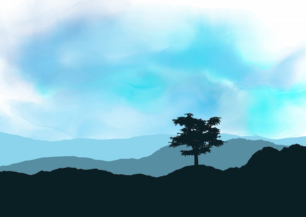 Vecteur gratuit paysage d'arbre sur la texture aquarelle