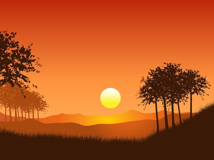 Vecteur gratuit paysage avec des arbres contre un ciel au coucher du soleil