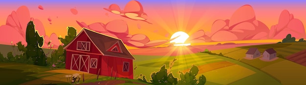 Paysage de campagne au lever du soleil avec champ de grange de ferme