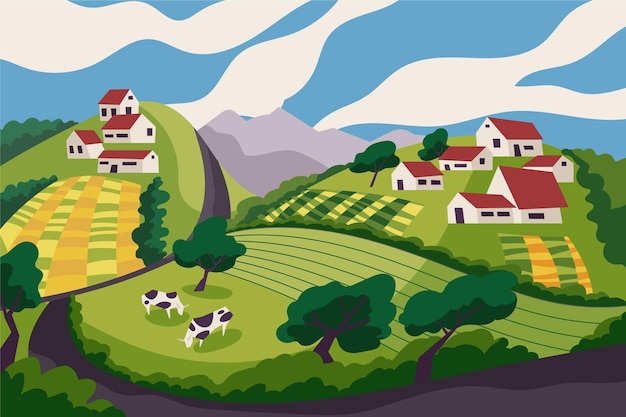 Vecteur gratuit paysage de campagne avec des vaches