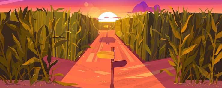 Vecteur gratuit paysage de coucher de soleil de champ de maïs avec des pointeurs de route en bois et de hautes plantes vertes