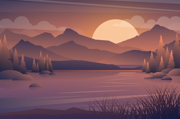 Paysage de coucher de soleil de montagne et lac. Arbre réaliste dans les silhouettes de forêt et de montagne, panorama de bois du soir. illustration de fond de nature sauvage