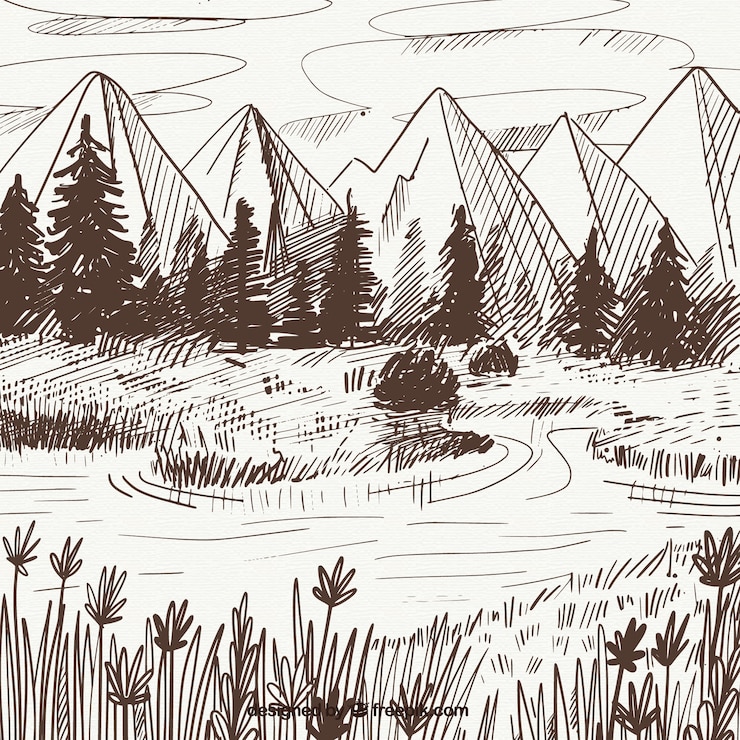 Vecteur gratuit paysage croquis de montagnes et de pins
